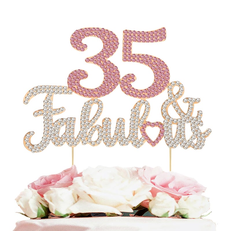 LASKYER 35 & Fabulous Gold & Pink Rhinestone Cake Topper - Happy 35th Birthday Cheers to 35 Years Old Bday Party Metal Sparkly Food Centerpieces Topper Decorations Keepsake. - Image 1
